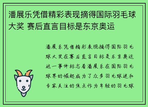 潘展乐凭借精彩表现摘得国际羽毛球大奖 赛后直言目标是东京奥运