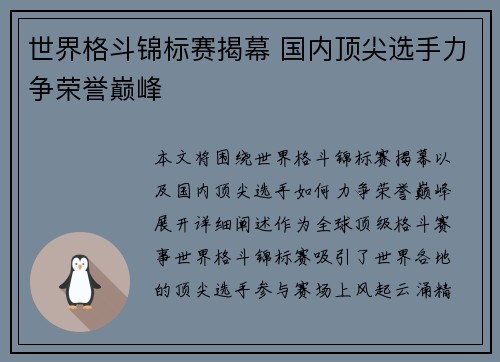 世界格斗锦标赛揭幕 国内顶尖选手力争荣誉巅峰