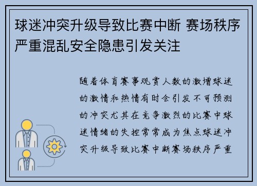 球迷冲突升级导致比赛中断 赛场秩序严重混乱安全隐患引发关注