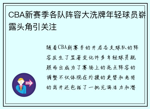 CBA新赛季各队阵容大洗牌年轻球员崭露头角引关注