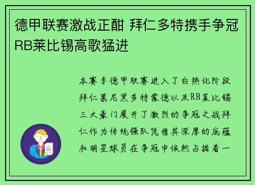 德甲联赛激战正酣 拜仁多特携手争冠RB莱比锡高歌猛进