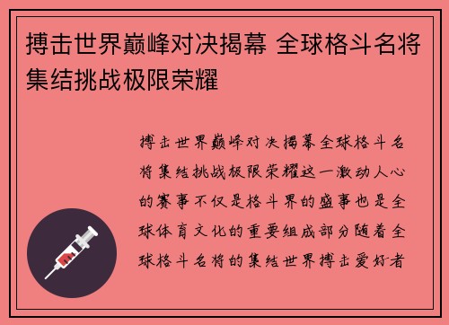 搏击世界巅峰对决揭幕 全球格斗名将集结挑战极限荣耀